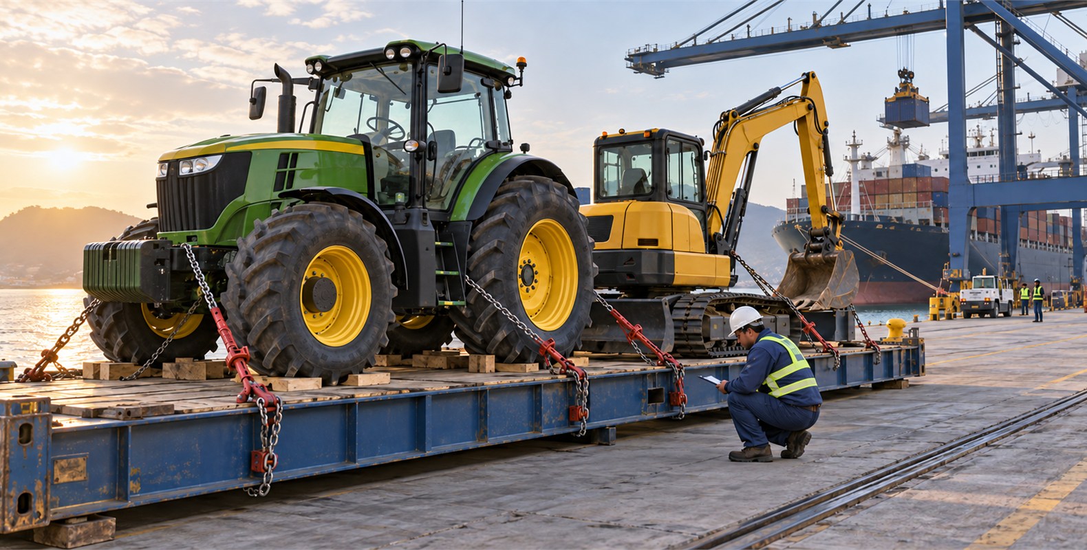 Tractor y excavadora asegurados para su importación en un puerto