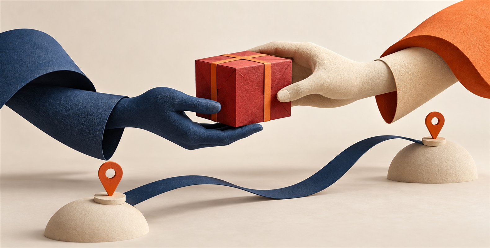 Ilustración conceptual de dos manos que intercambian un paquete sobre una ruta logística