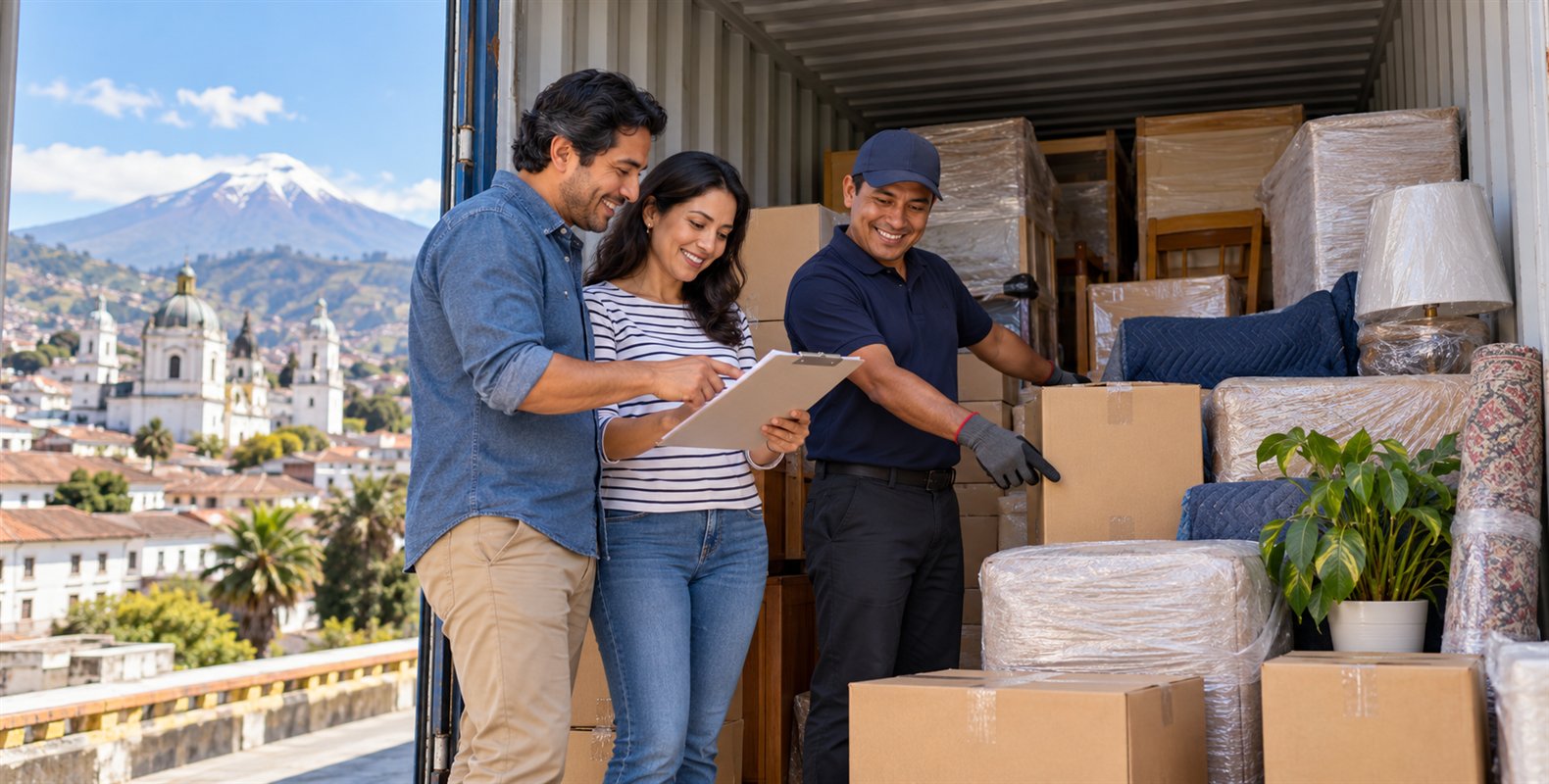 Familia revisando el inventario de cajas y muebles para su retorno a Ecuador