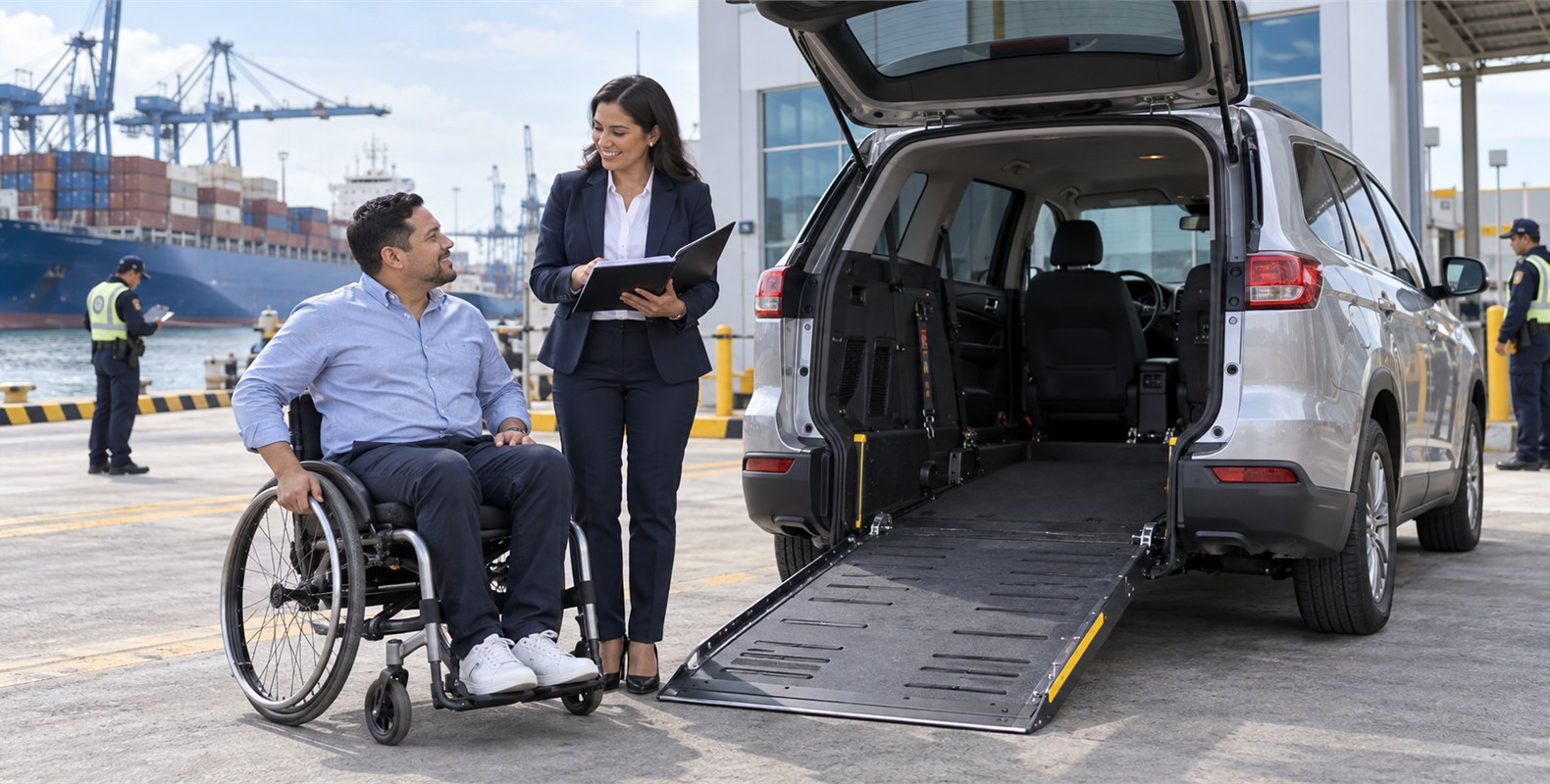 Persona usuaria de silla de ruedas revisando un vehículo accesible importado